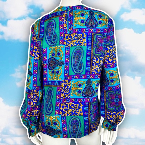 ADRIANNA PAPELL Vintage Silk Bright Paisley Balloon Sleeve Blouse Career Artsy - Picture 6 of 11